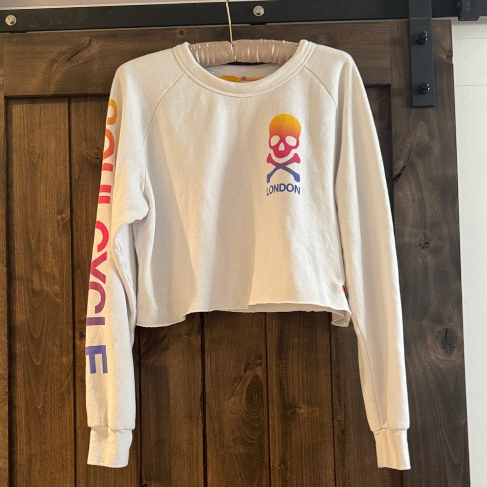 Aviator Nation X SoulCycle Skull / White Cropped Sweatshirt - size Medium